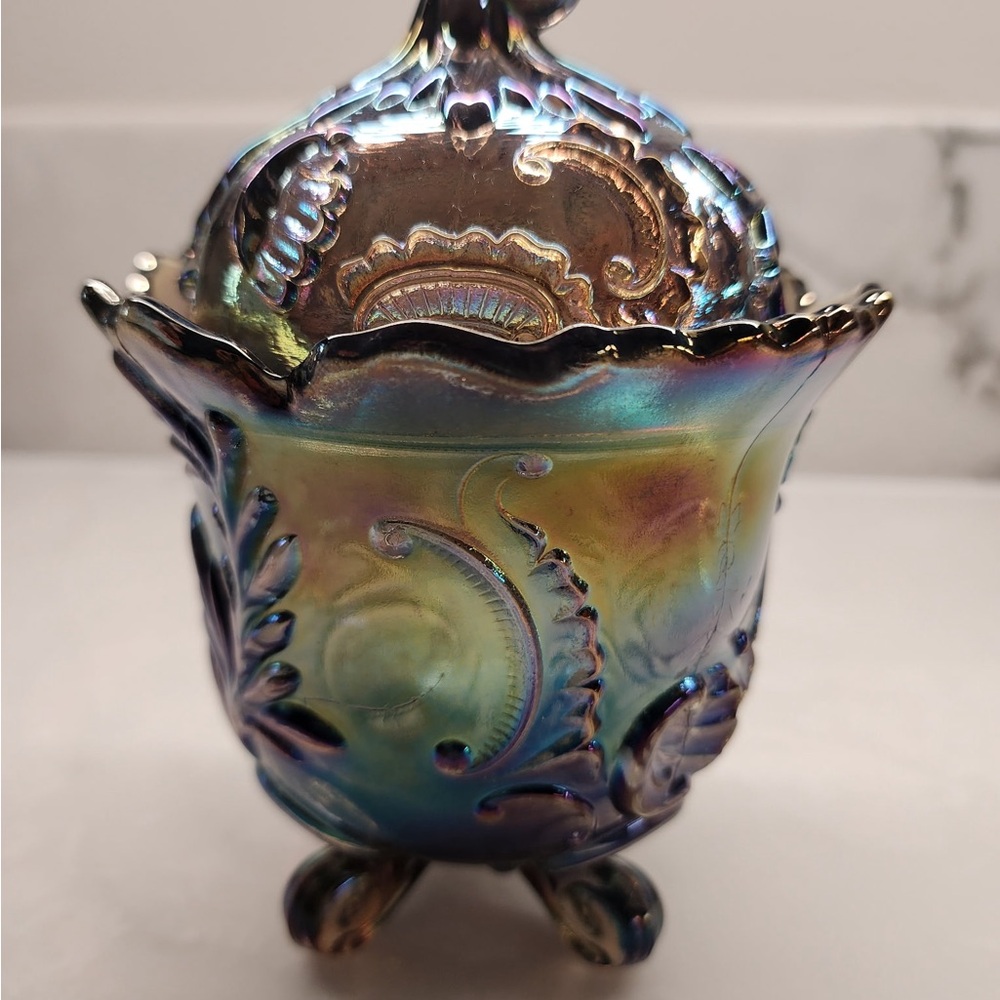 Iridescent Peacock Carnival Glass Compote with Leaf Motif Candy Dish With Lid